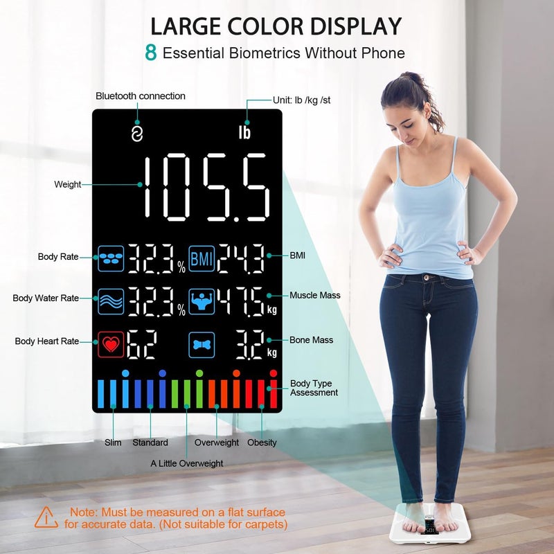 Ablegrid Body Fat Scale,Digital Smart Bathroom Scale for Body Weight, Large Color Display Screen, 16 Body Composition Metrics BMI, Water Weigh, Heart Rate, Baby Mode, 400lb, Rechargeable (White) - Image 2